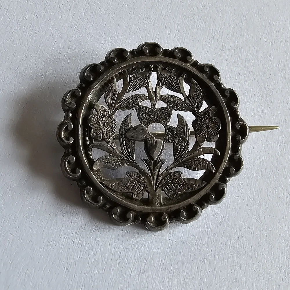 Antique floral brooch Victorian flowers silver tone cutout vintage old pin
